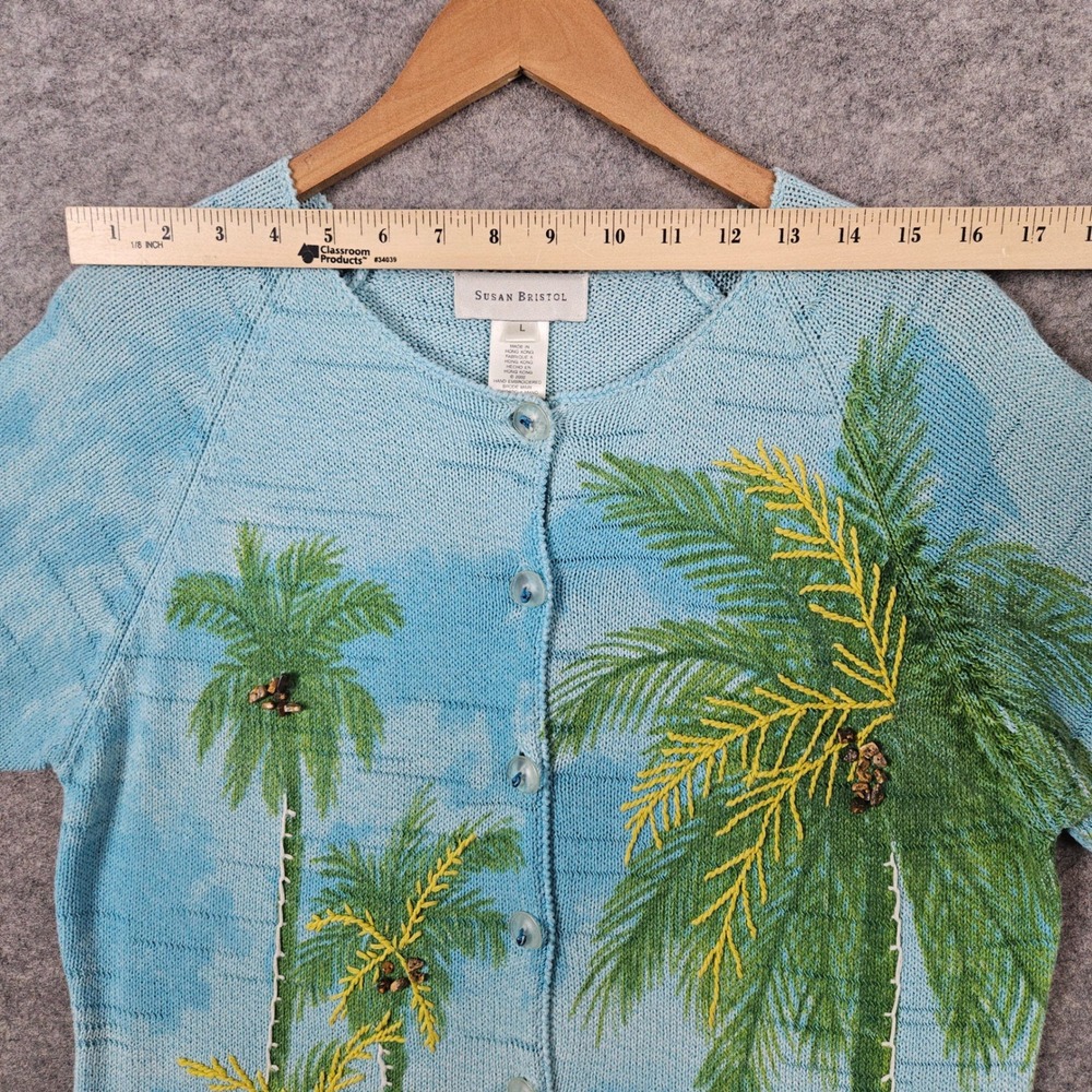 Susan Bristol Women's Blue Cardigan Size L Cotton Blend Palm Trees Rock Coconuts - Picture 7 of 11